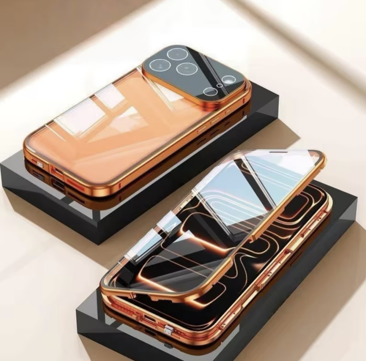 Auréa double-sided tempered glass case with polished gold aluminum frame